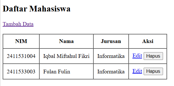 Output daftar mahasiswa setelah tambah data